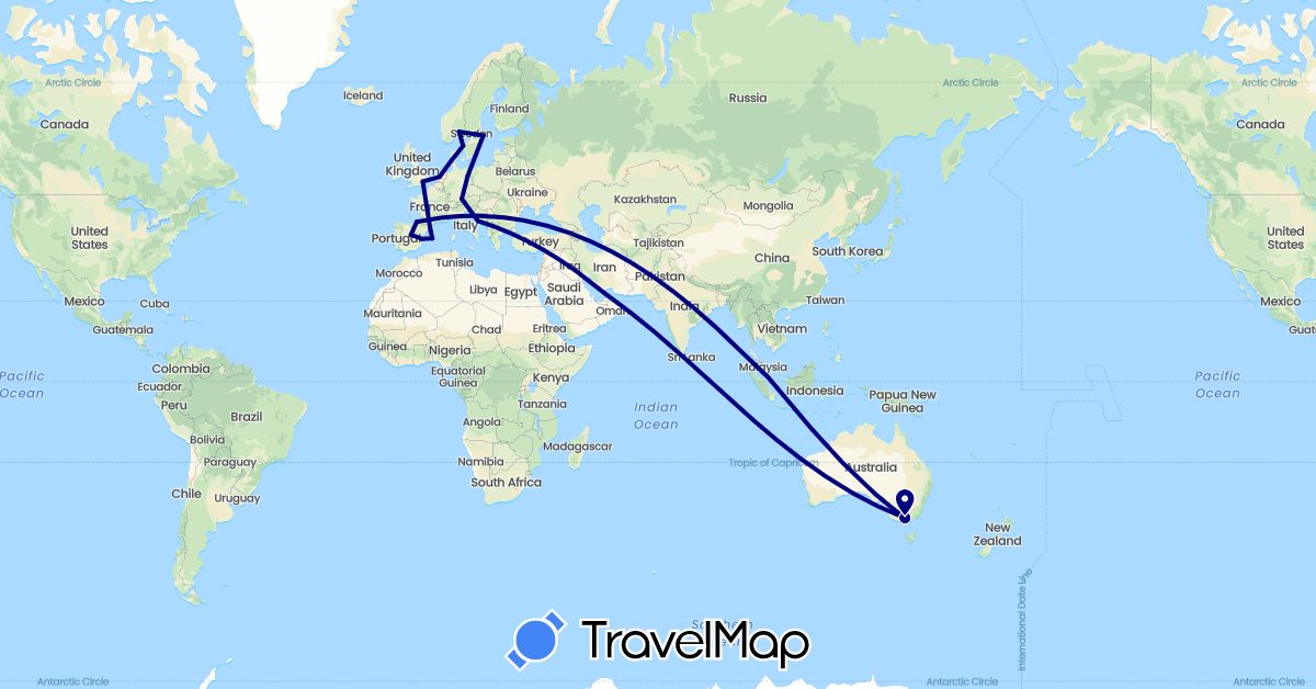 TravelMap itinerary: driving in United Arab Emirates, Australia, Germany, Spain, United Kingdom, Croatia, Netherlands, Norway, Sweden, Singapore (Asia, Europe, Oceania)
